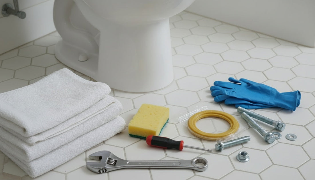 Tools in display next to a toilet