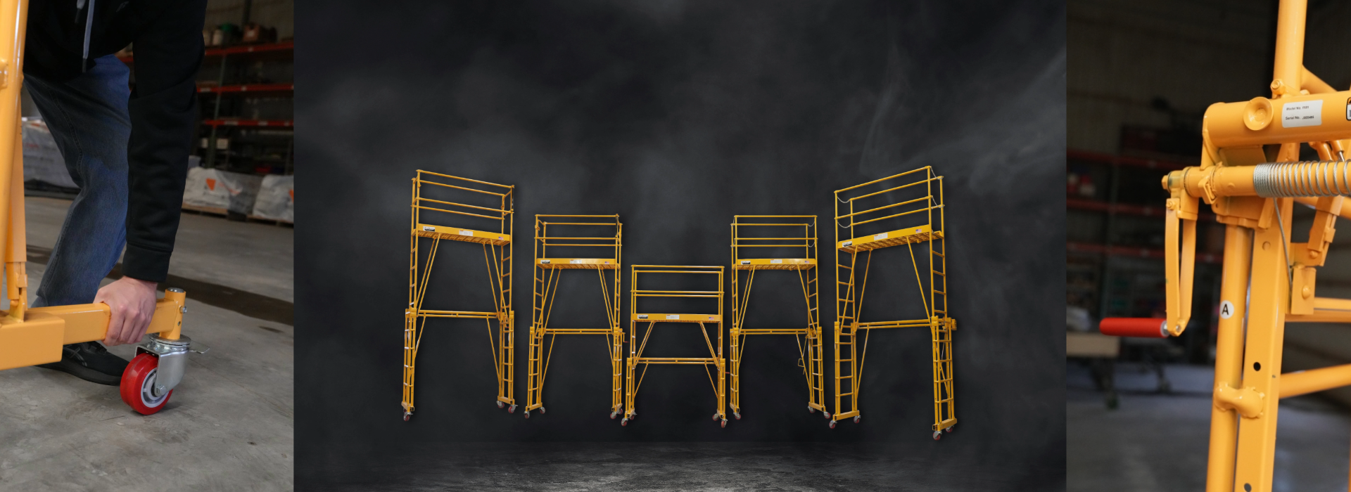 Yellow adjustable work platforms on a black background with a person partially visible on the left.