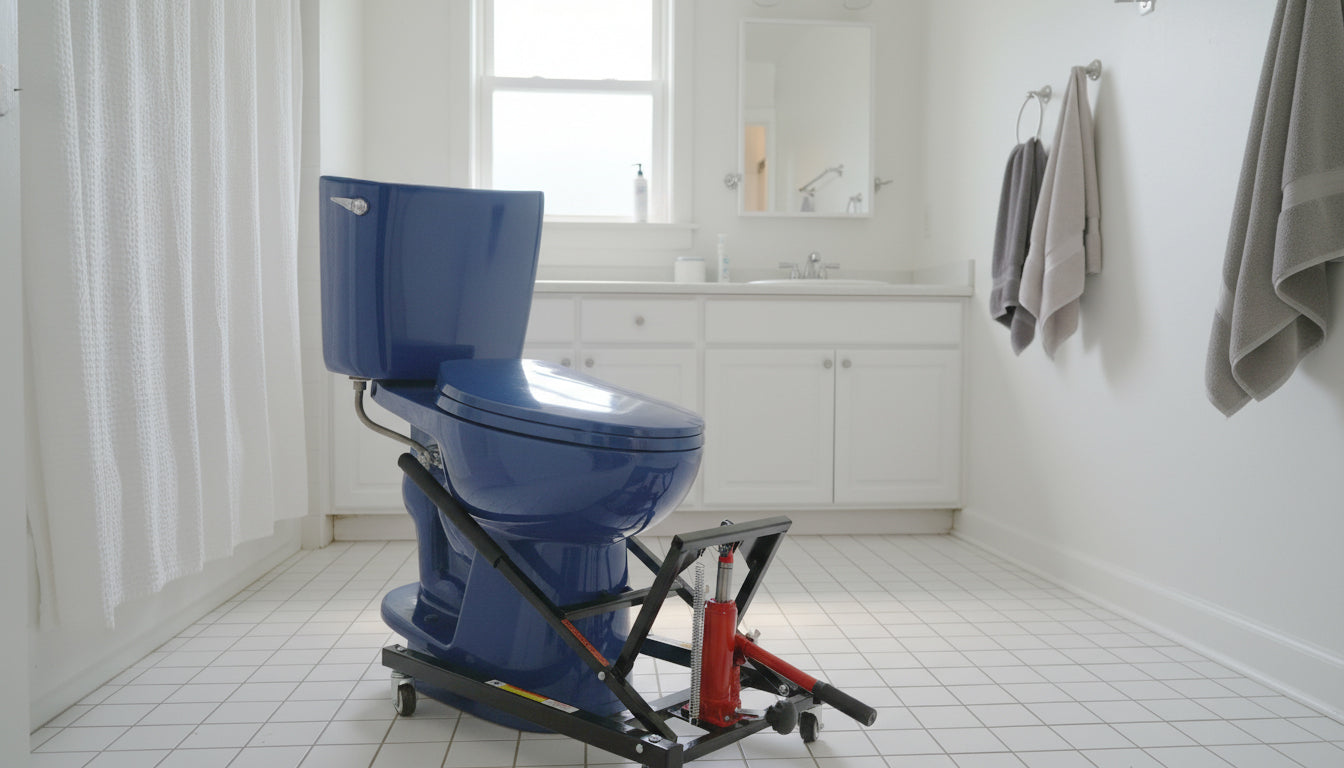 Toilet installation jack with padded supports lifting a toilet.