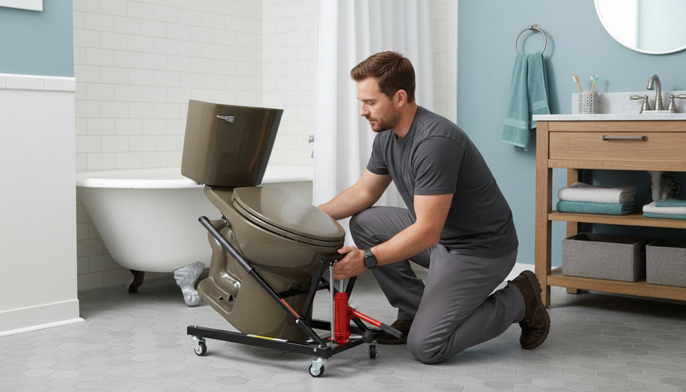 Man using a toilet jack in a bathroom setting