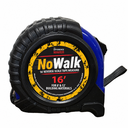 A black and blue NoWalk 16-foot tape measure with a yellow and black label, shown on a plain white background.