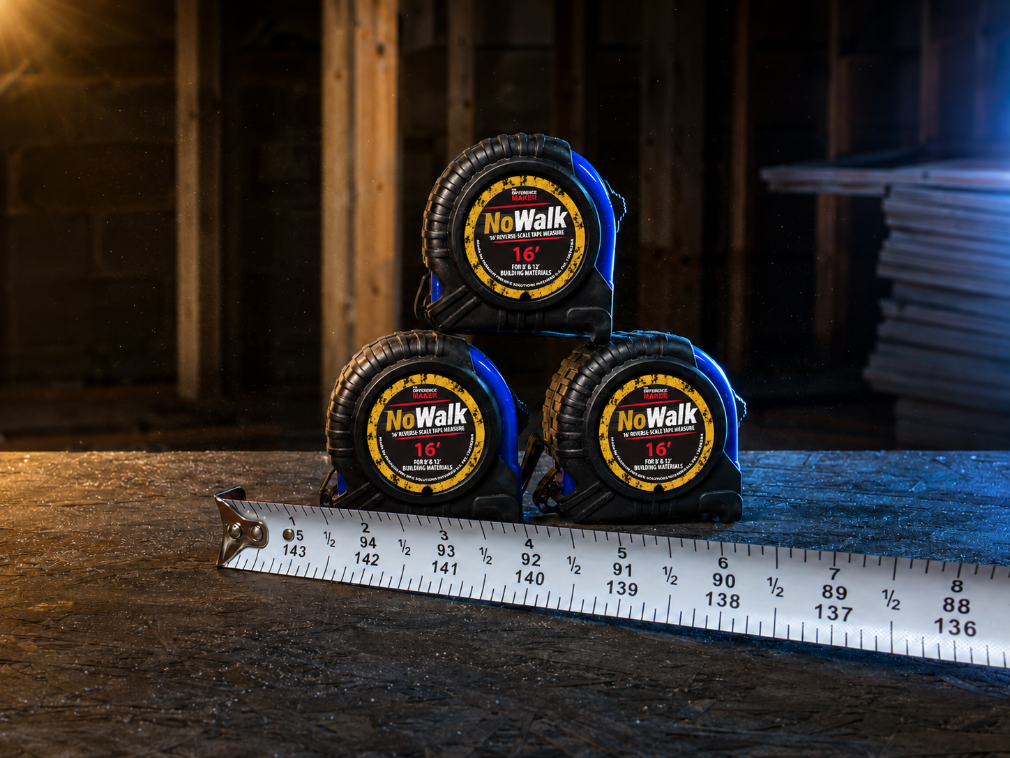 Three NoWalk 16-inch tape measures stacked in a pyramid on a wooden workbench, with a metal measuring tape ruler laid out in front, set against a dark workshop background.