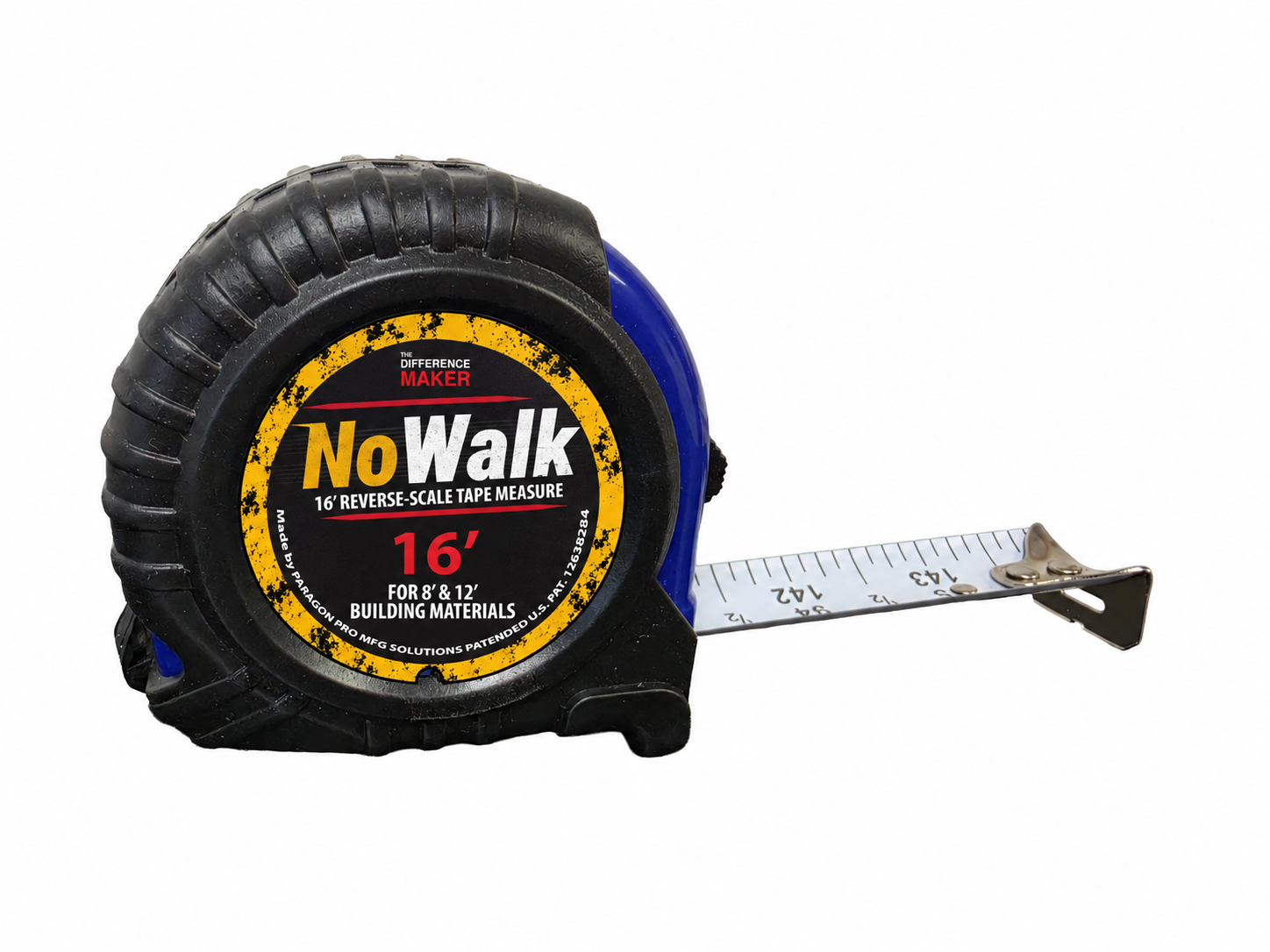 A 16-foot NoWalk tape measure for 8' and 12' building materials, featuring a black textured casing with a blue accent, a yellow and black label, and a silver metal scale extending to the right, on a white background.