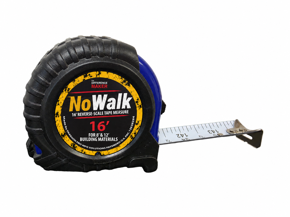 A 16-foot NoWalk tape measure for 8' and 12' building materials, featuring a black textured casing with a blue accent, a yellow and black label, and a silver metal scale extending to the right, on a white background.