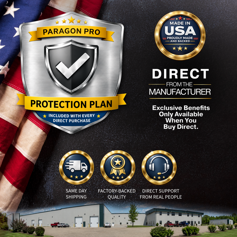 Paragon Pro protection plan with American flag and factory building in the background.