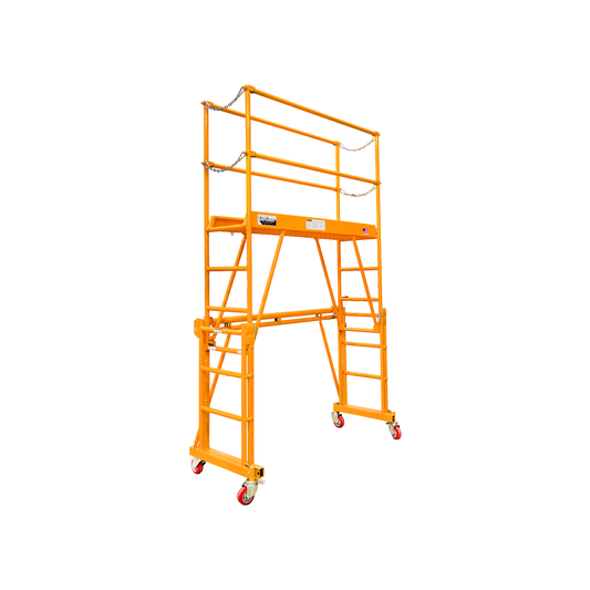 Tele-tower portable scaffolding platform with an integrated ladder, safety guardrails, and caster wheels, shown on a plain white background.