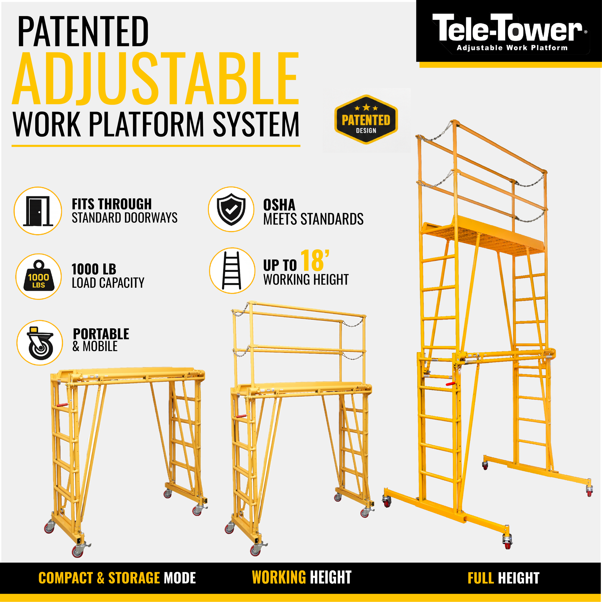 TELE-TOWER® MODEL 1101 ADJUSTABLE WORK PLATFORM 11 FT 1000 LBS 6'X19" DECK SIZE - Paragon Pro