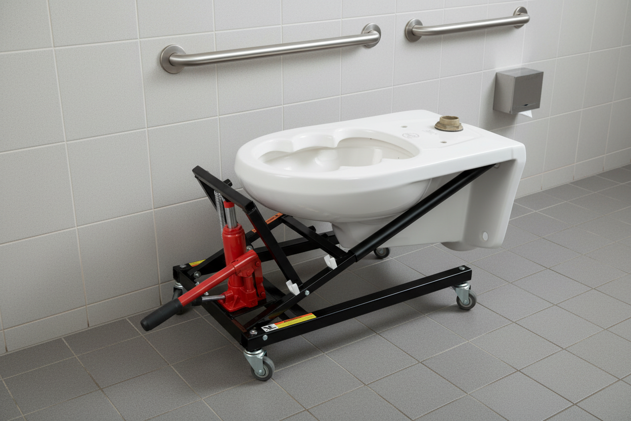 White toilet on a black hydraulic lift with red pump handle on a white background