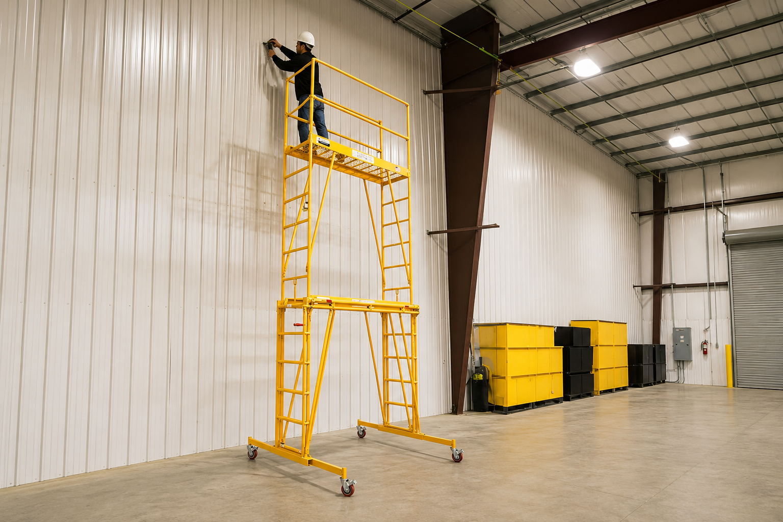 Person on a yellow mobile ladder inside a warehouse.