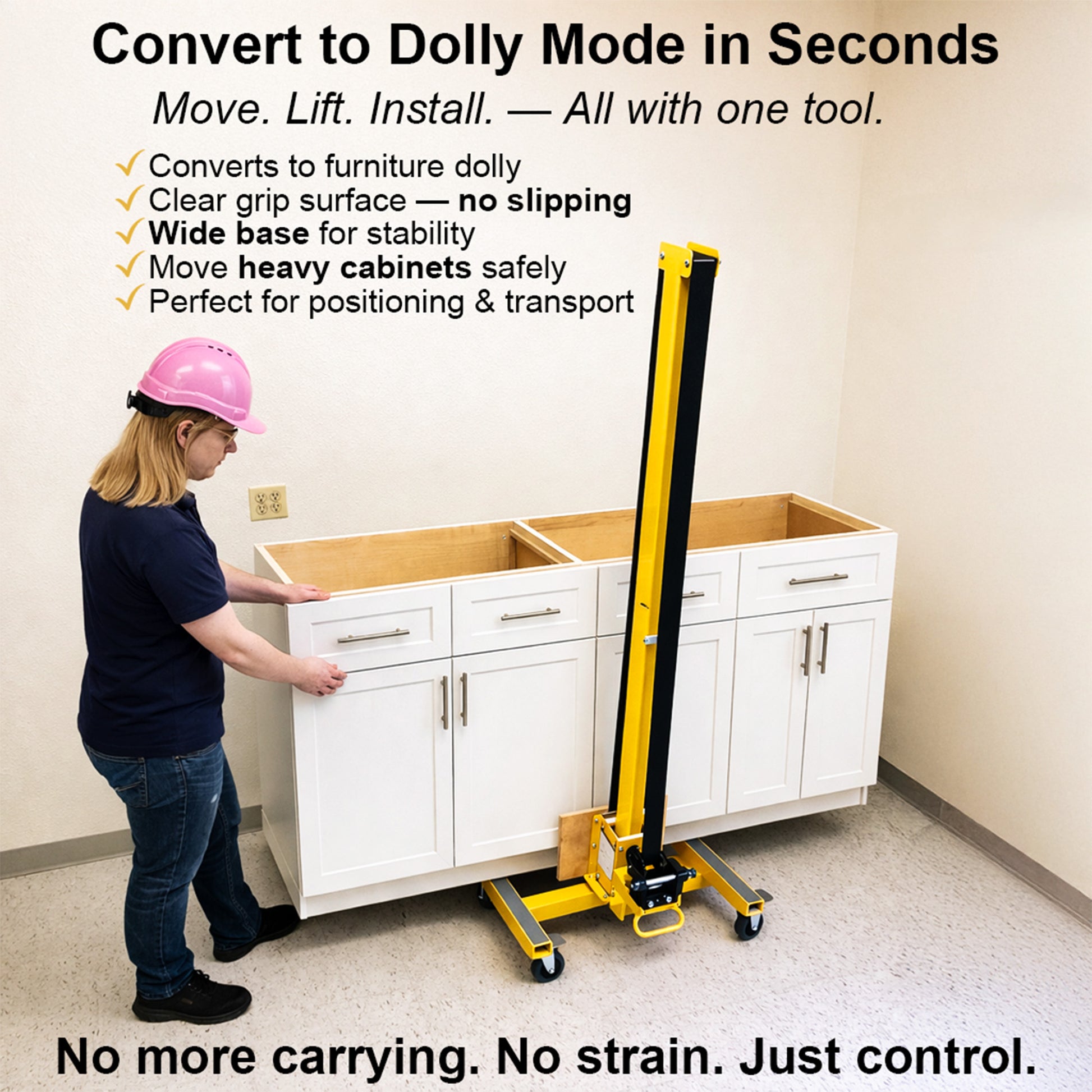 Person using a dolly to move a cabinet with text highlighting features and benefits.