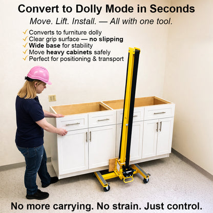 Person using a dolly to move a cabinet with text highlighting features and benefits.