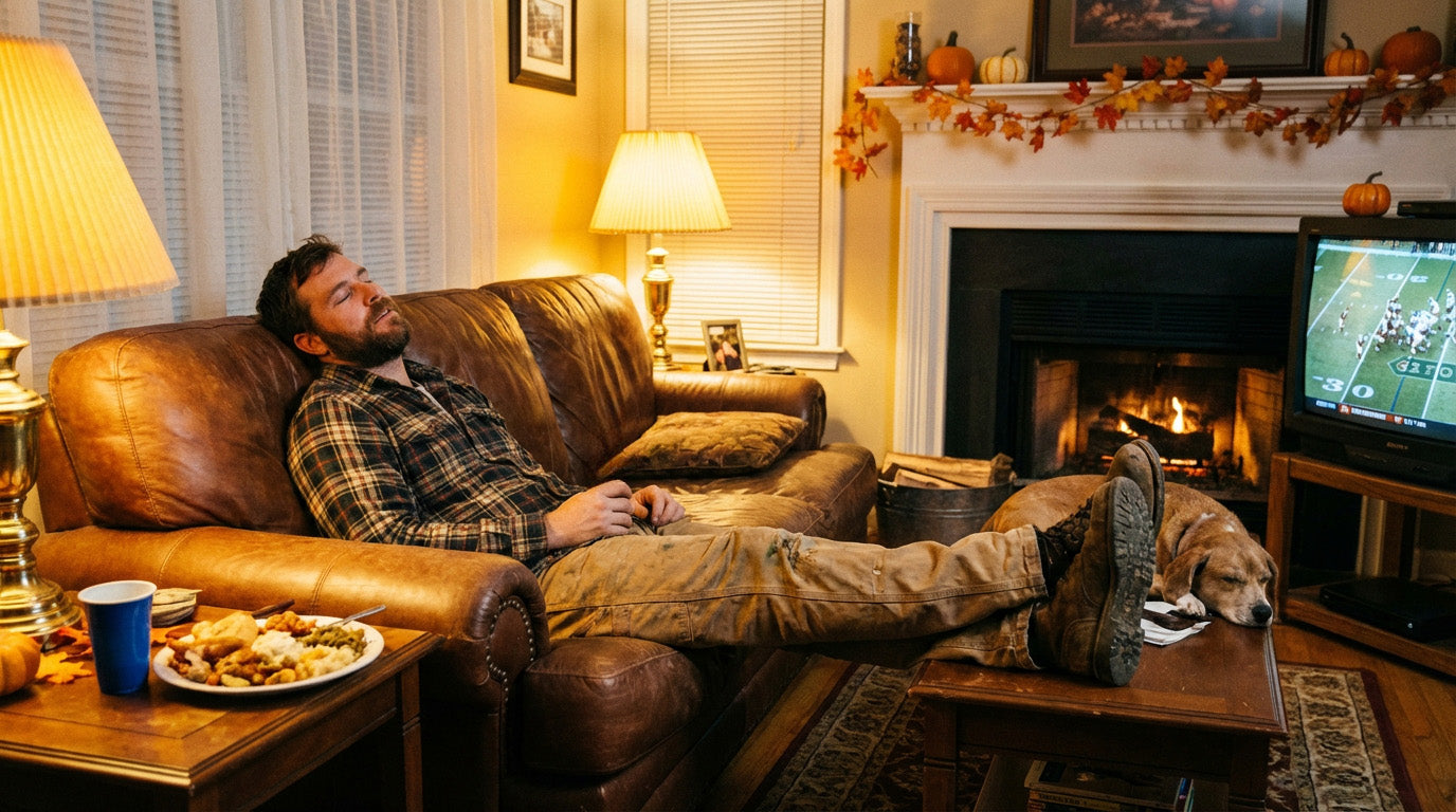 Man lying on a couch in a living room with a fireplace and TV.