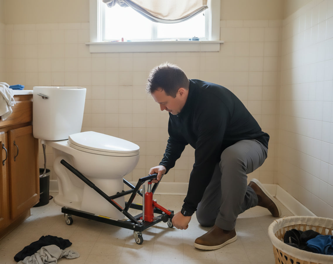 Man using a toilet jack to lift a toilet in a bathroom.