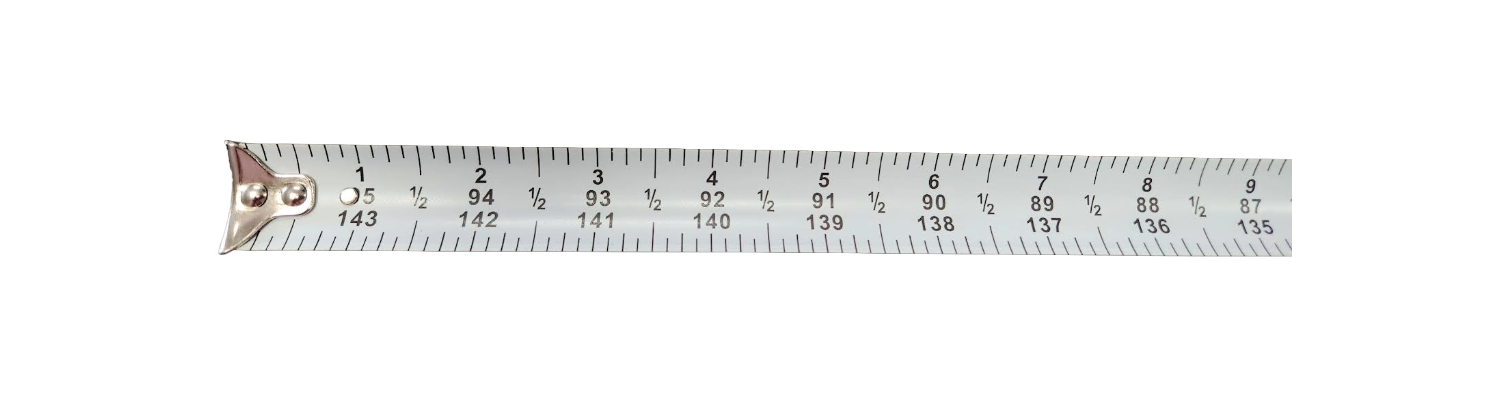 A metal tape measure with black measurement markings and numbers, partially extended horizontally against a plain white background.