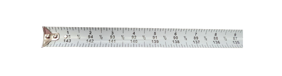 A metal tape measure with black measurement markings and numbers, partially extended horizontally against a plain white background.