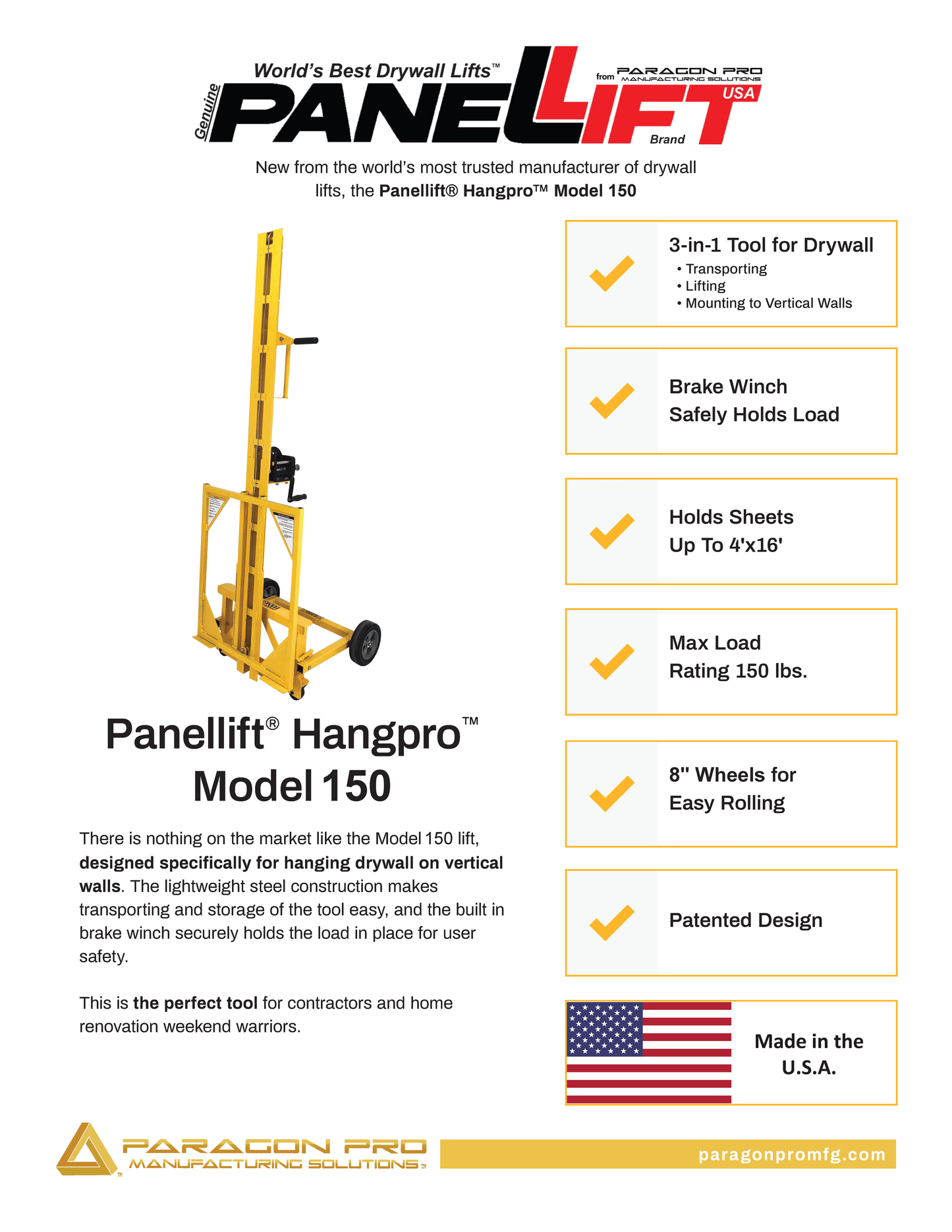 PANELLIFT® HANGPRO® DRYWALL LIFT FOR WALLS MODEL 150 - paragonpromfg