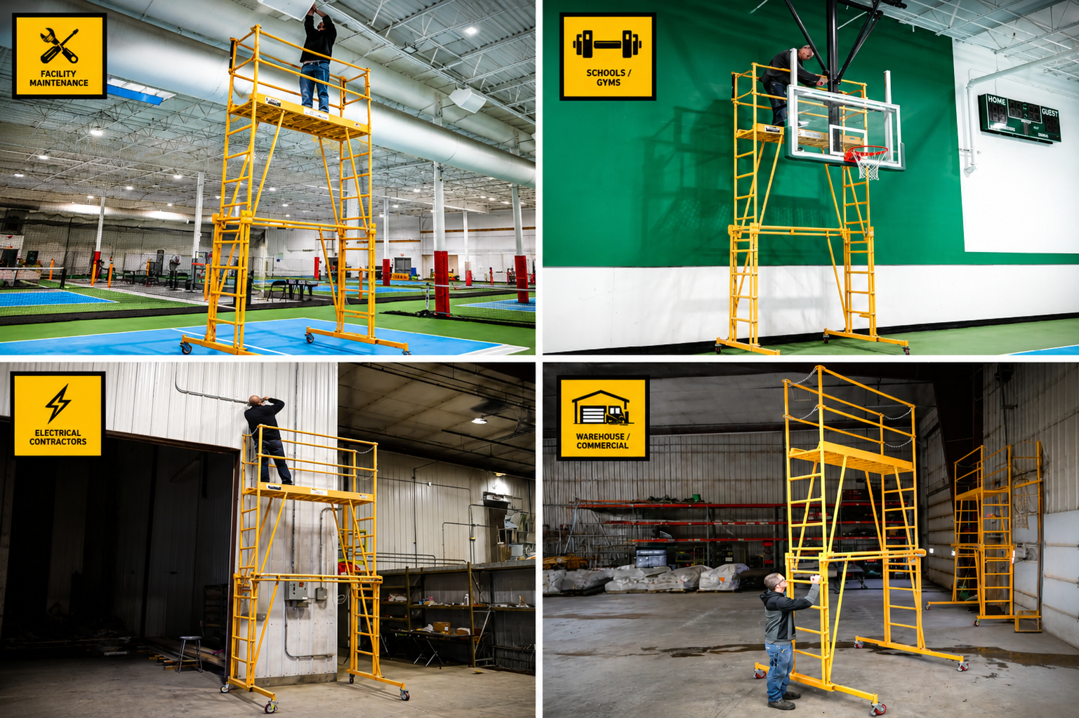 A four-panel collage showing yellow industrial scaffolding platforms in use inside indoor sports courts and warehouses. Two panels show people working at the top of the scaffolds, and the other two show the scaffolding standing alone.