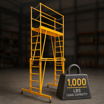 A yellow industrial scaffold with a two-step ladder and safety railings, shown in a warehouse setting next to a black weight marker labeled '1,000 LBS LOAD CAPACITY'.