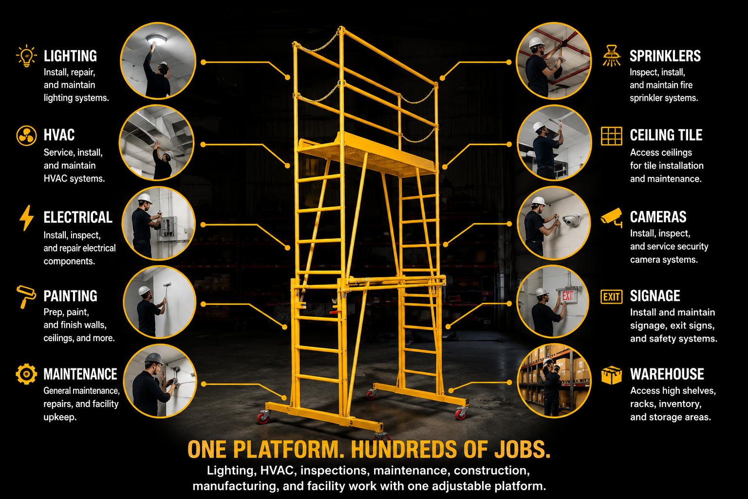 A yellow metal ladder platform scaffolding system shown on a black background with callout lines pointing to various installation and maintenance tasks such as lighting, HVAC, electrical, painting, maintenance, sprinklers, cameras, signage, and warehouse access. Text at the bottom reads 'ONE PLATFORM.