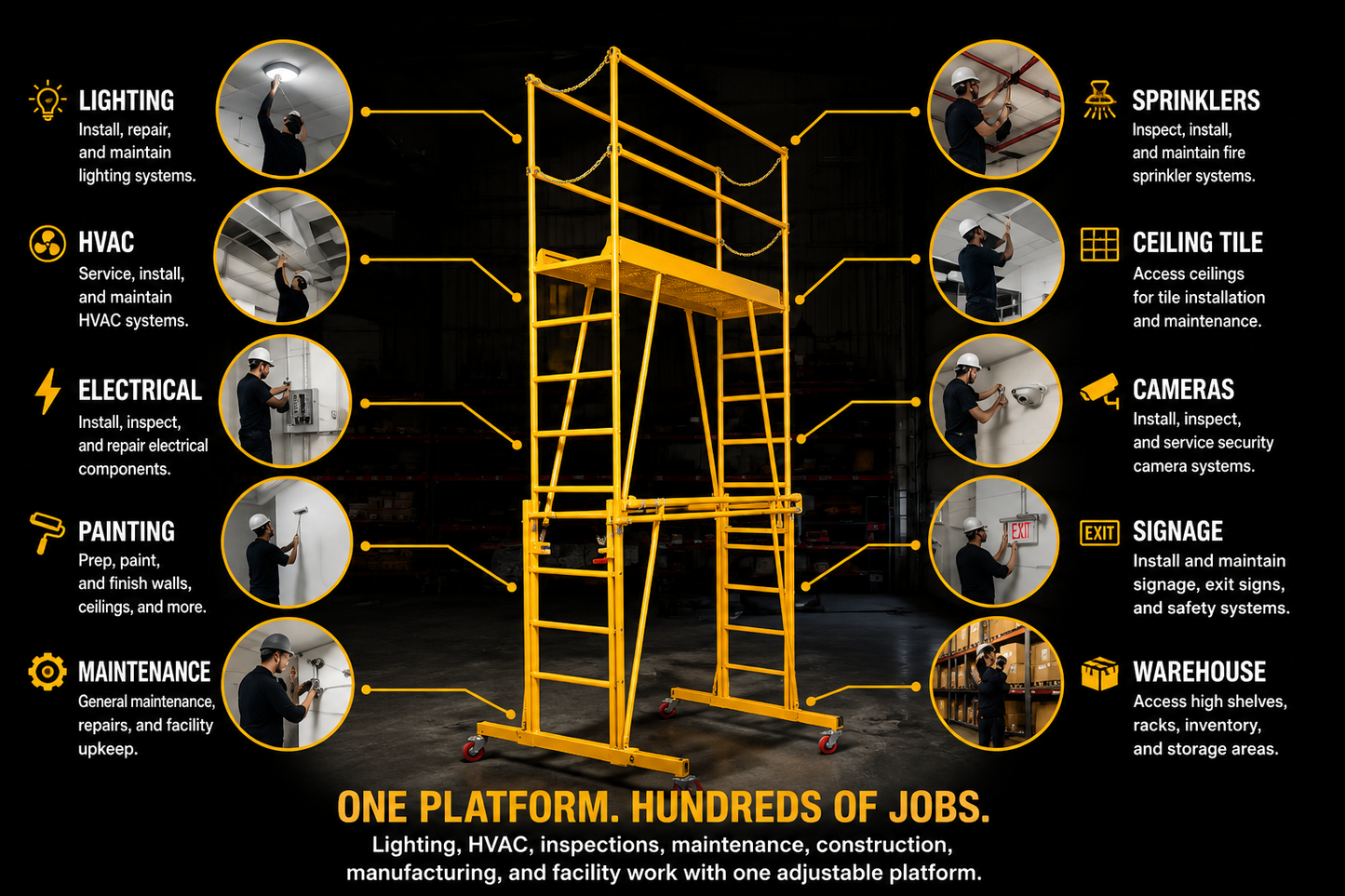 A yellow metal ladder platform scaffolding system shown on a black background with callout lines pointing to various installation and maintenance tasks such as lighting, HVAC, electrical, painting, maintenance, sprinklers, cameras, signage, and warehouse access. Text at the bottom reads 'ONE PLATFORM.