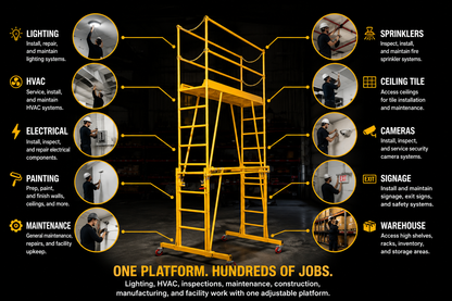 A yellow metal ladder platform scaffolding system shown on a black background with callout lines pointing to various installation and maintenance tasks such as lighting, HVAC, electrical, painting, maintenance, sprinklers, cameras, signage, and warehouse access. Text at the bottom reads 'ONE PLATFORM.
