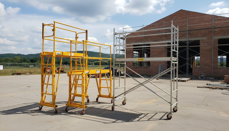 Two adjustable work platforms, one yellow and one silver, on a construction site with a building in the background.