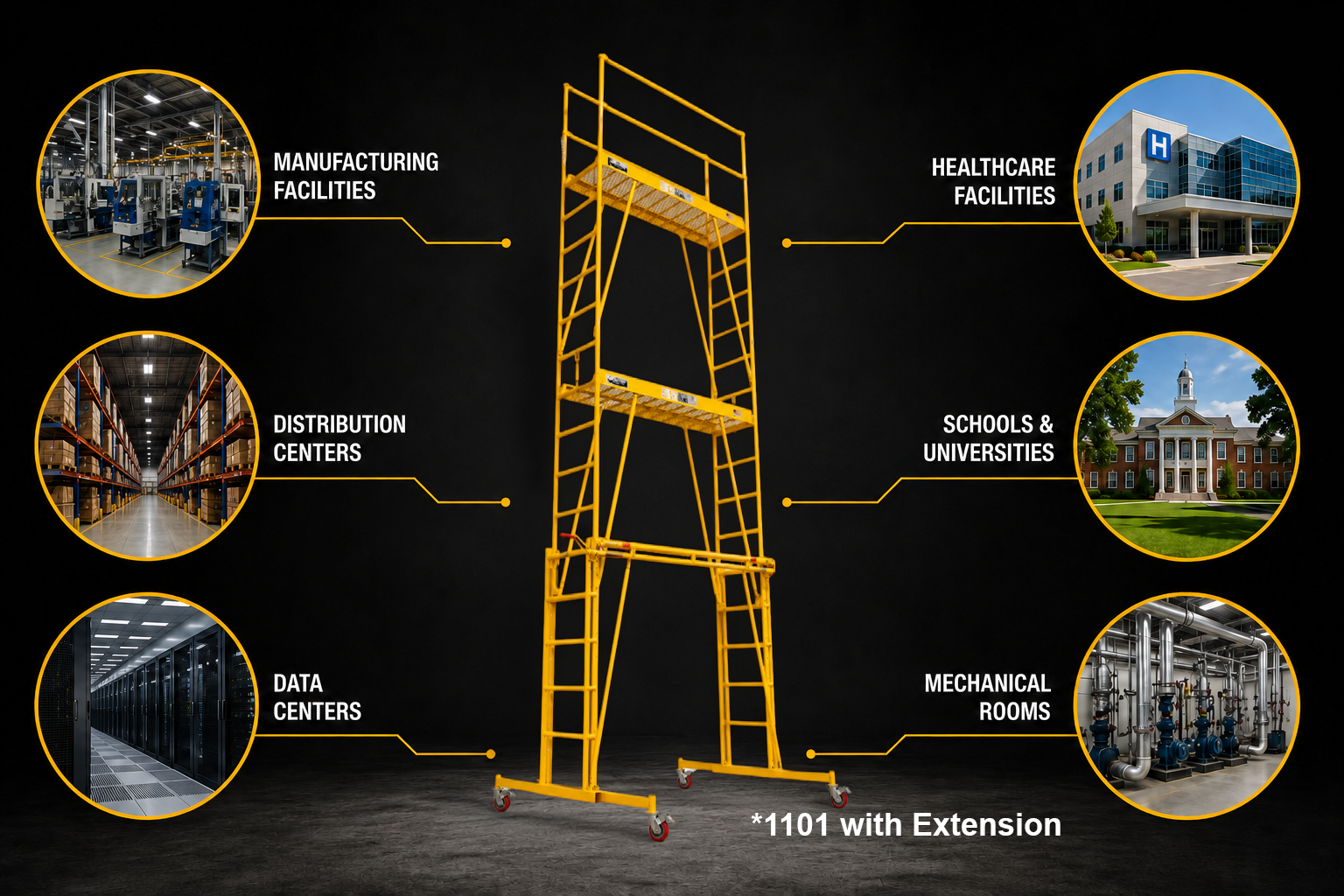 Yellow industrial scaffold with three platforms and a ladder, shown on a dark background with circular callouts pointing to manufacturing facilities, healthcare facilities, distribution centers, schools and universities, data centers, and mechanical rooms. Text at the bottom reads '*1101 with Extension'.