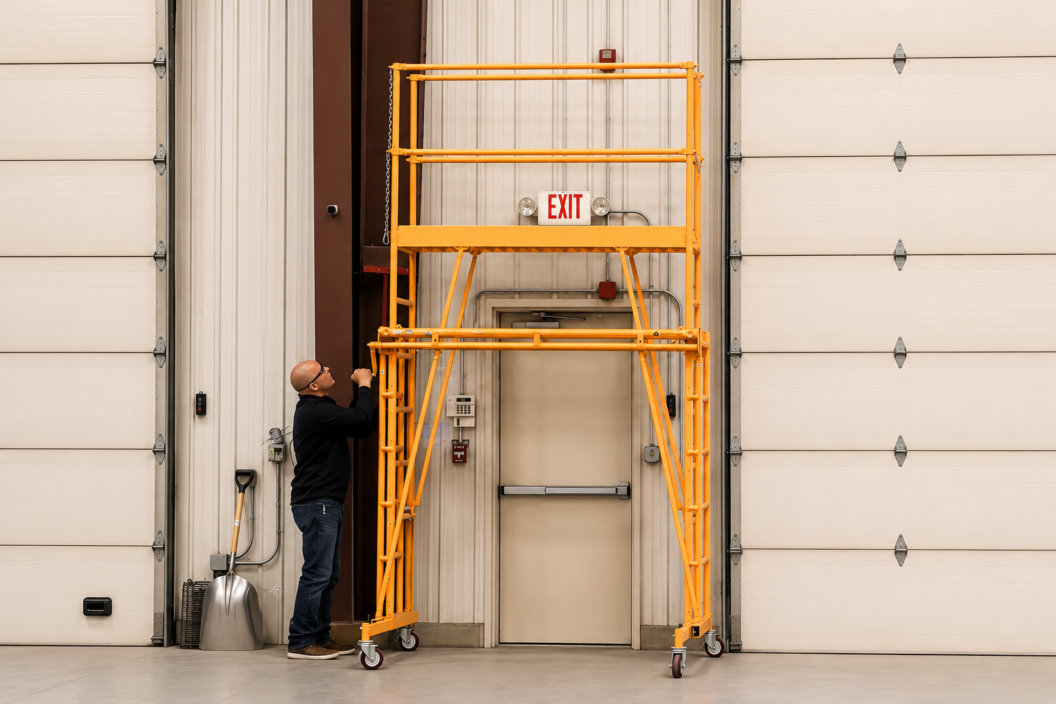 Person using a yellow teletower to reach an exit sign on a garage door.