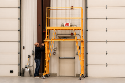 Person using a yellow teletower to reach an exit sign on a garage door.